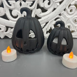 Black Carved Pumpkin T-Light Holder, LED T-light included and available in 2 sizes
