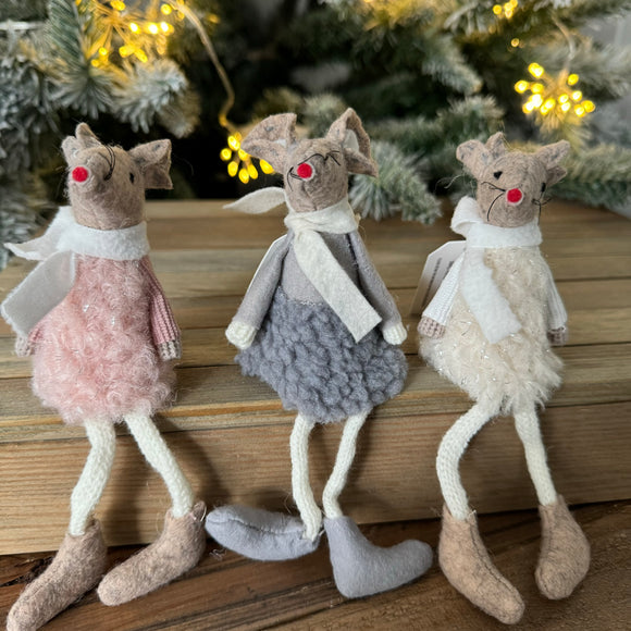 Fabric Sitting Mice with Skirt - Grey, Pink & White