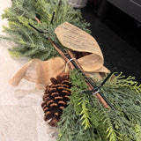 Pillar Candleholder with artificial cedar foliage & pine cones