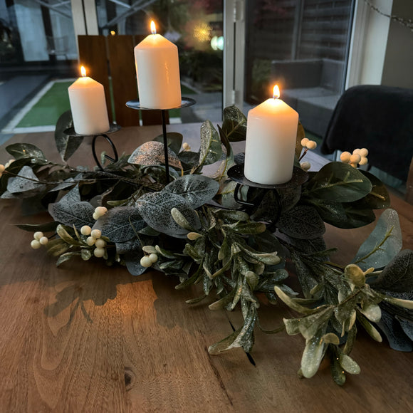 Christmas Luxury Table Centrepiece Three Pillar Candle Holder L84cm in a Frost Laurel & Mistletoe 