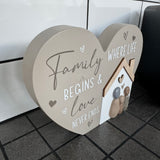 Standing Quotable Wooden Heart Plaque - 'Family...Love Never Ends'