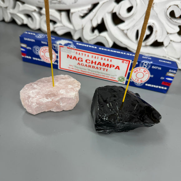 Incense Crystal Stick Holder - Rose Quartz & Black Obsidian