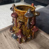 Forest Green glazed distinctive eye-catching unique Vase features intricate 3D mushroom motifs H22.5cm
