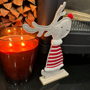 Felt Reindeer H30cm wearing a Red &amp; White striped glitter jumper and button red nose&nbsp;