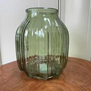 Vintage Green Glass Ribbed D13.8 x H16cm Vase