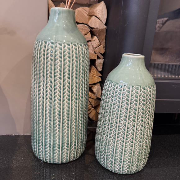 Tall Green Glazed Vase with a cable knit pattern style
Available in two sizes; Small H28.5cm & Large H37.5cm 