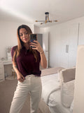 Cashmere-like Short Sleeved Knitted Polo Shirt - Merlot