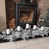 Statement Frosted pine &amp; pinecones&nbsp;with 5 flat pillar candle plates L100cm&nbsp;