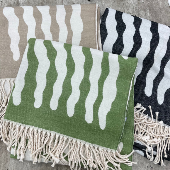 Doubleface reversible Pashmina Scarf with fringed edges 190x62cm  Wavy pattern with colours reversed & available in 3 colours; Camel & Cream Charcoal black & off white Green & Cream  