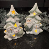 Ceramic White & Green LED Tree with Snowman & Reindeer