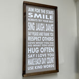 The Giggle Gift Co - Made in the UK Thick Wooden Framed Plaque H64cm & Grey Vinyl; ‘Aim for the stars, smile, always try your best, sing, laugh, dance, say please and thank you, respect others, love what you do, do what you love, hug often, say I love you, make each day count, use kind words’