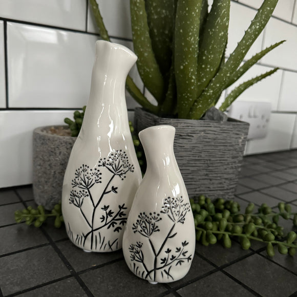 Small White glazed Ceramic Floral Bud Vases; Small 12cm & Large 18cm