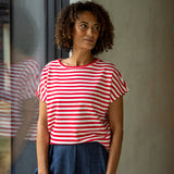 Chalk - Wei relaxed boxy shape with classic round neckline with drop short sleeves
Colour - Red / Ecru