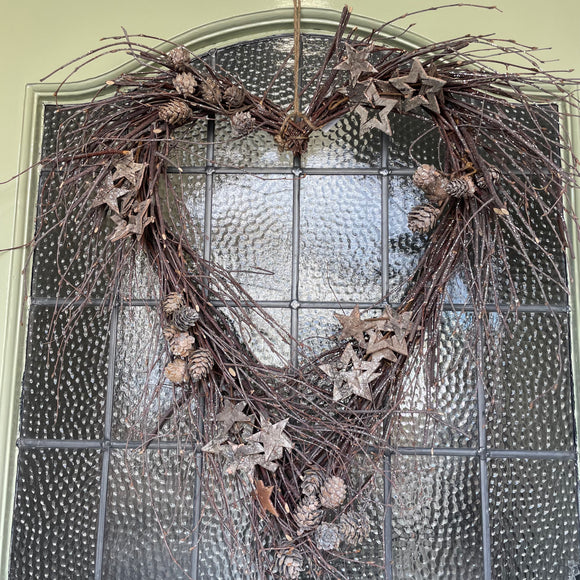 Twig Heart Wreath 60cm with Stars & pinecones