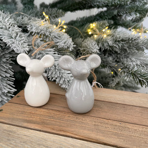 Hanging Ceramic Mouse Decoration - White or Grey 6.5cm
