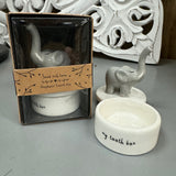 Cute Elephant tooth pot H5cm with grey elephant on top of the lid
Quote on the white ceramic pot 'My Tooth Box'