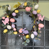Easter Wreath with pastel coloured speckled eggs & wooden bunnies 45cm