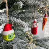 Christmas ceramic fun hanging decorations wearing santa hat; sprout, carrot & pig in blanket