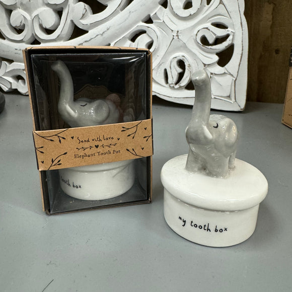 Cute Elephant tooth pot H5cm with grey elephant on top of the lid
Quote on the white ceramic pot 'My Tooth Box'