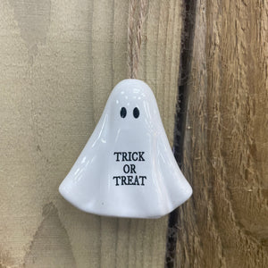 Halloween White Ceramic Ghost shape Hanging Decorations 6cm;
Available in 3 quotes;
Too Cute to Spook 
Trick or Treat 
Hello Pumpkin 