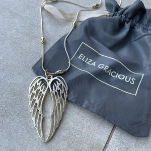 Long snake chain with metal beaded detail with Double Angel Wing Pendant Available in Matt silver & Pale Gold