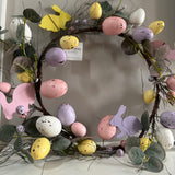 Easter Wreath with pastel coloured speckled eggs & wooden bunnies 45cm