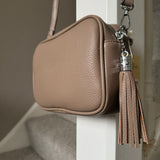 Faux Leather Cross Body Bag with Tassel - Stone