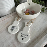 Ceramic Hanging Rabbit with Heart Tail; 9 x 8.5cm Choose from 2 adorable quotes: "Bunny Kisses and Easter Wishes"  "Bunny love" 