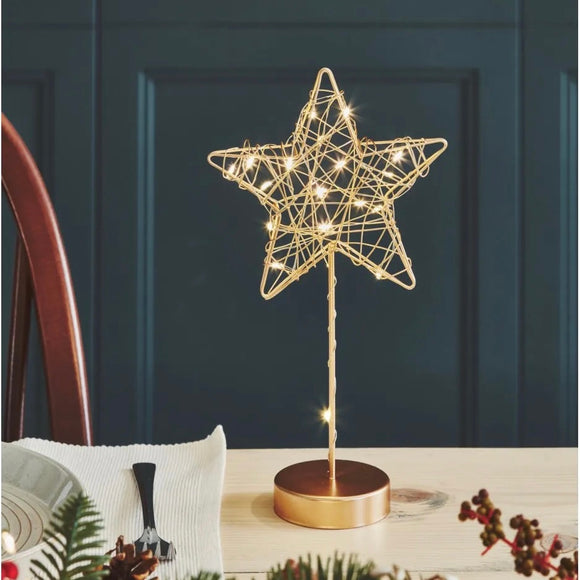 25cm Freestanding Battery Wire Star Table Lamp in Gold