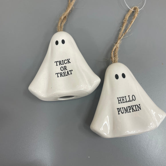 Halloween White Ceramic Ghost Hanging Decorations 6cm; Available in 2 quotes - Hello Pumpkin & Trick or Treat