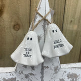 Halloween White Ceramic Ghost Hanging Decorations 6cm; Available in 2 quotes - Hello Pumpkin & Trick or Treat