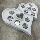Whitewashed Wooden Double Heart shaped 10 t-light holder 