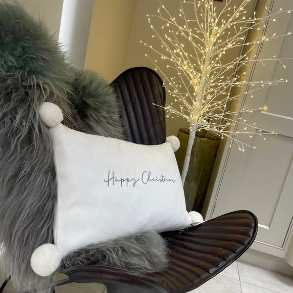 Chalk Christmas Cushion  Pompom Oblong Felt Cushion 60x40cm Embroidered with quote 'Happy Christmas' Colours - Off White & Charcoal