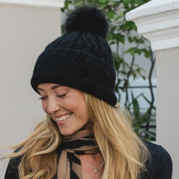 Cable Knit Hat with Faux Fur bobble - Ebony Black