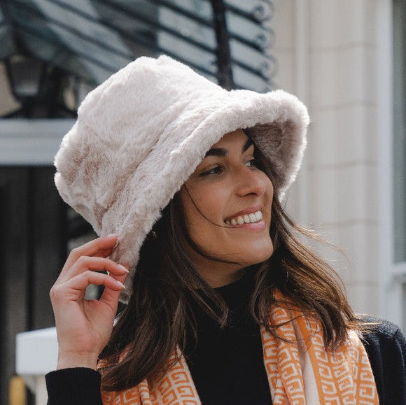 Faux Fur Bucket Hat - Stone