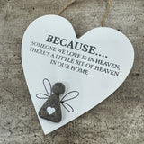 Small Hanging Wooden White 12.5cm Heart shaped Sign
Quote as follows in dark grey text; 'Because....Someone we love is in heaven, there's a little bit of heaven in our home'&nbsp;
Illustration of a Pebble Angel with wings&nbsp;