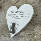 Small Hanging Wooden White 12.5cm Heart shaped Sign
Quote as follows in dark grey text; 'Because....Someone we love is in heaven, there's a little bit of heaven in our home'&nbsp;
Illustration of a Pebble Angel with wings&nbsp;