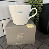 Keith Brymer Jones Word Range Medium Bucket White Porcelain Mug 350ml&nbsp;
Handstamped in retro typewriter font&nbsp; - Blue
Quote - Bellend