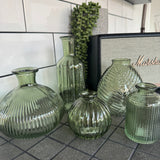 Vintage Green Small Glass Bottle Vases
Various styles to mix &amp; max - all sold individually;
Round Ribbed H8.3 x Dia 8.4cm&nbsp; - £2.50
Leaf pattern H13 x Dia 11cm - £5.00
Tall ribbed H19 x D7.5cm - £5.00

Small Dimpled H10 x D6.3cm - £2.00

Wide Ribbed Round Bottle H13 x D14cm - £5.50