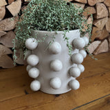 Cream / Beige Glazed Ceramic Round Vase H21cm with decorative&nbsp; raised spheres/bobble balls running vertically all the way round