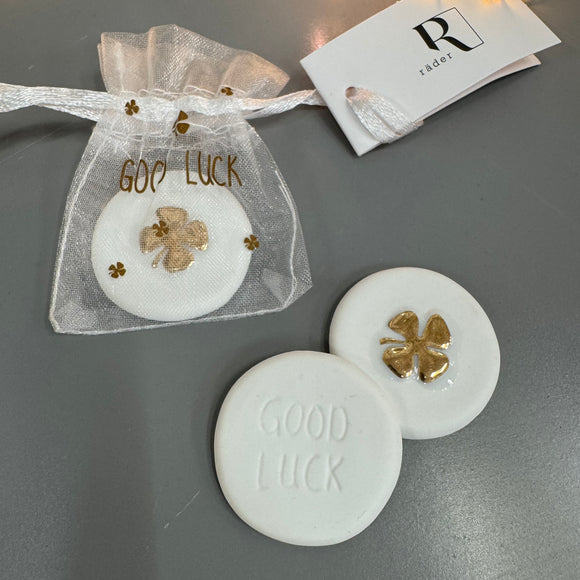 Radar Token gift 3.5cm coin;
Quote engraved - Good Luck
Opposite side, embellished with gold - Four leaf clover
