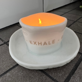 Radar Zen Spirit - Tealight Holder with plate&nbsp;
White Porcelain distorted round t-light holder secured to a dish
Quote in gold text - INHALE&nbsp; EXHALE REPEAT