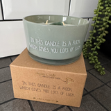 My Flame Lifestyle from the Netherlands; Creative, Fun &amp; Sassy Designs

Enter a world of quirky and personalised designs with My Flame. Sustainable and responsibly produced Soy Candles, Care Products &amp; Home Comforts.&nbsp;

Soy Crystal Candle 10.5cm
Presented in a&nbsp; Green Glass Jar with the Fragrance Minty Bamboo
Quote on the jar in white text 'In this candle is a rock which gives you lots of luck'
Inside the candle is a Green Aventurine crystal&nbsp;