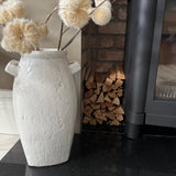 White textured stone Vase with square handles H40cm *CLICK & COLLECT*
