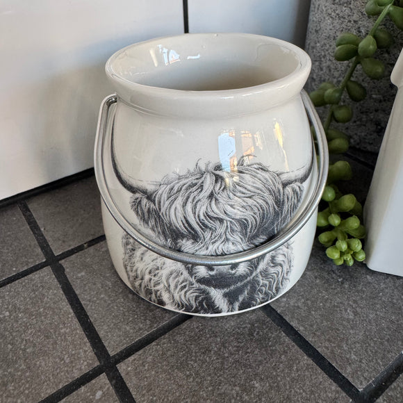 White ceramic glazed Lantern 7.6cm with black Highland cow illustration & Metal handle