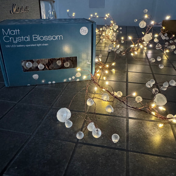 Illuminating ideas by Light Style London - quality & stylish lights
Matt Crystal Blossom & copper Light Chain  - Battery powered 100 warm white LEDs