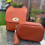 Faux Leather Cross Body Bag with Tassel - Brown / Tan