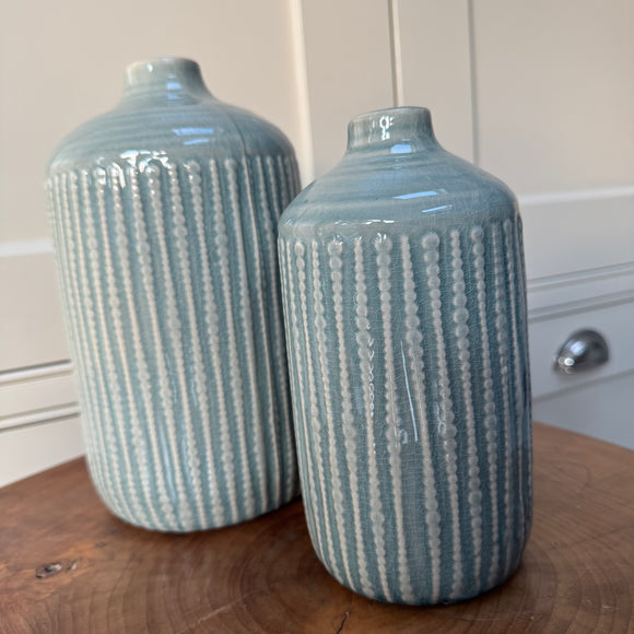 Mid Green/Blue Indented pattern running vertically Ceramic Vases  
Available in two sizes; Small H19cm & Large H23.5cm 