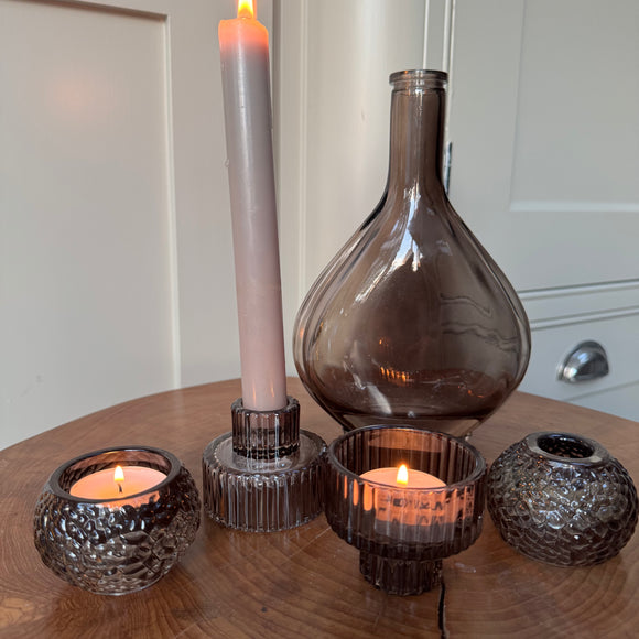 Warm Grey Glass small 2-way candle holder - 2 styles