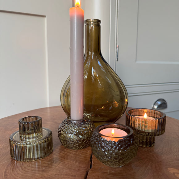 Olive Green Glass small 2-way candle holder - 2 styles